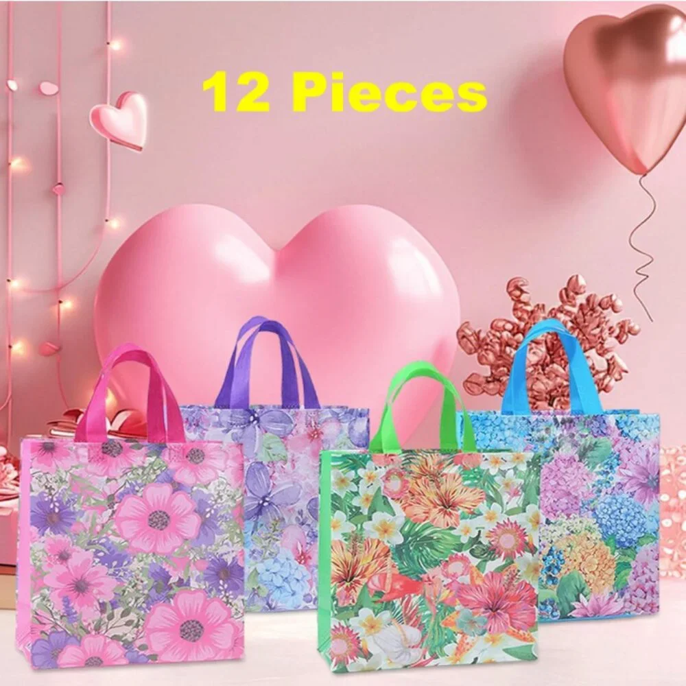 12pcs Flower Pattern Non Woven Gift Bags - Reusable Shopping Bags with Handle